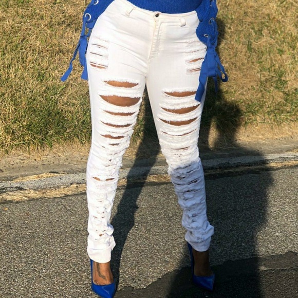 GJG DENIM High Waisted Destroyed White Denim Jeans - Picture 4 of 11